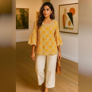 Solitaire Mustard Yellow Boho Embroidered Bell Sleeve Top Sz L Artisan Festival